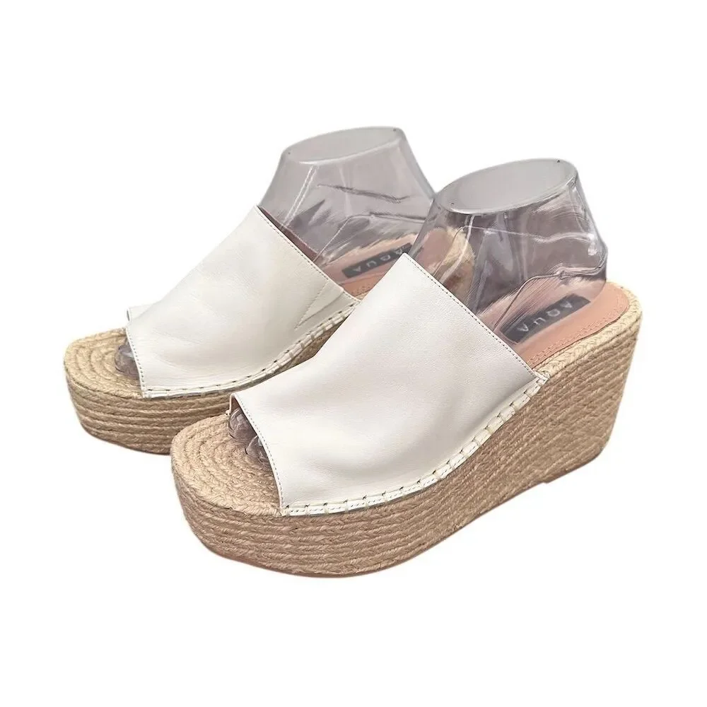 Aqua Women's White Espadrille Wedge Sandals Ultra High Heel Summer Size 9.5M‎